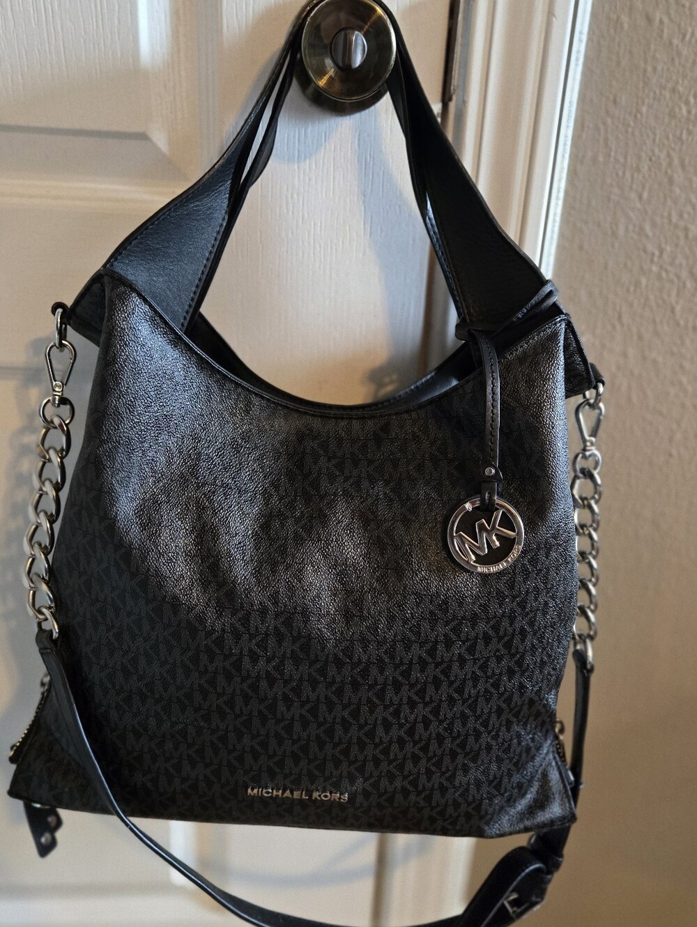Michael Kors Black MK Logo Chain-Accent Hobo Bag